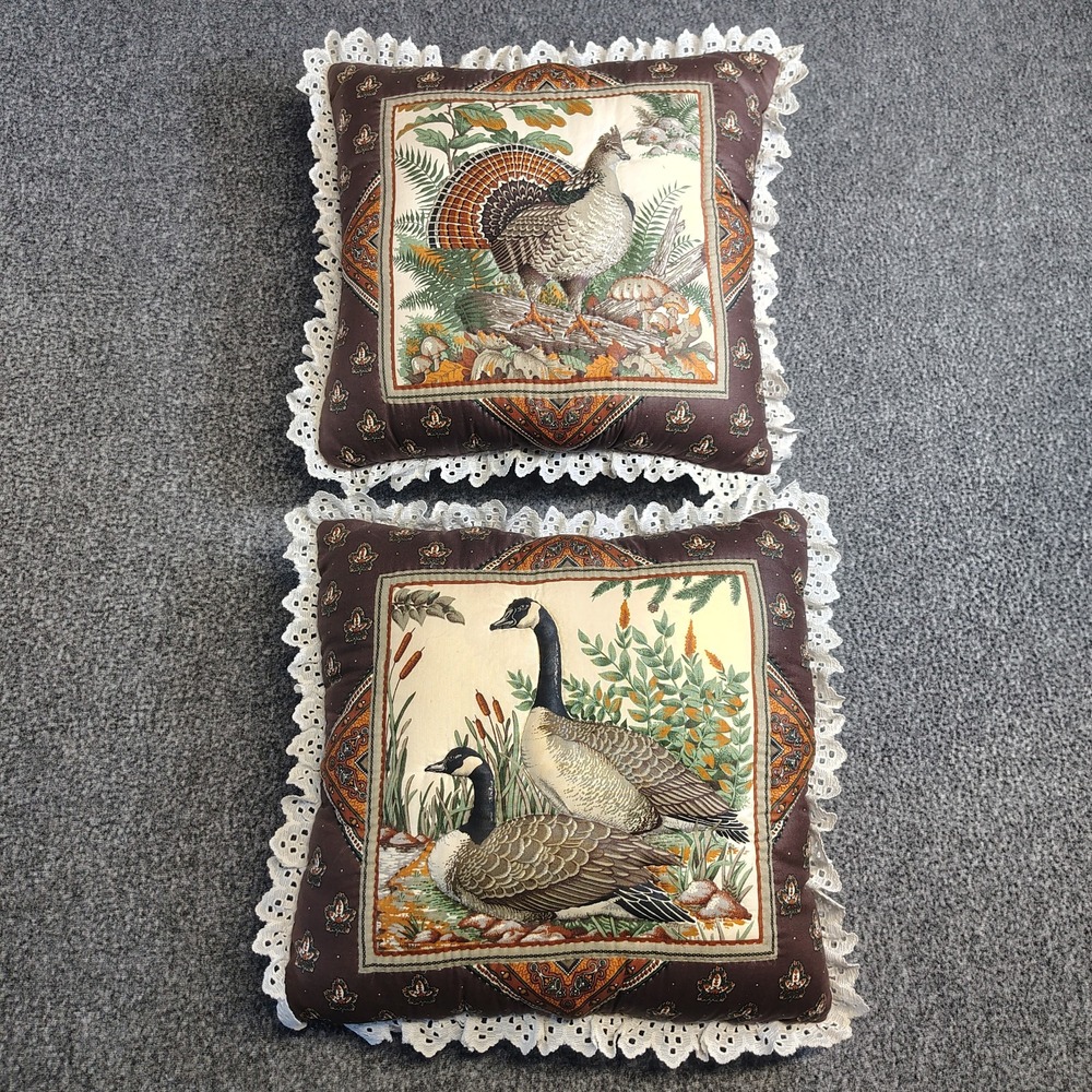Vintage Cottagecore Tapestry Throw Pillow Set Turkey Goose Lace Trim Wildlife
